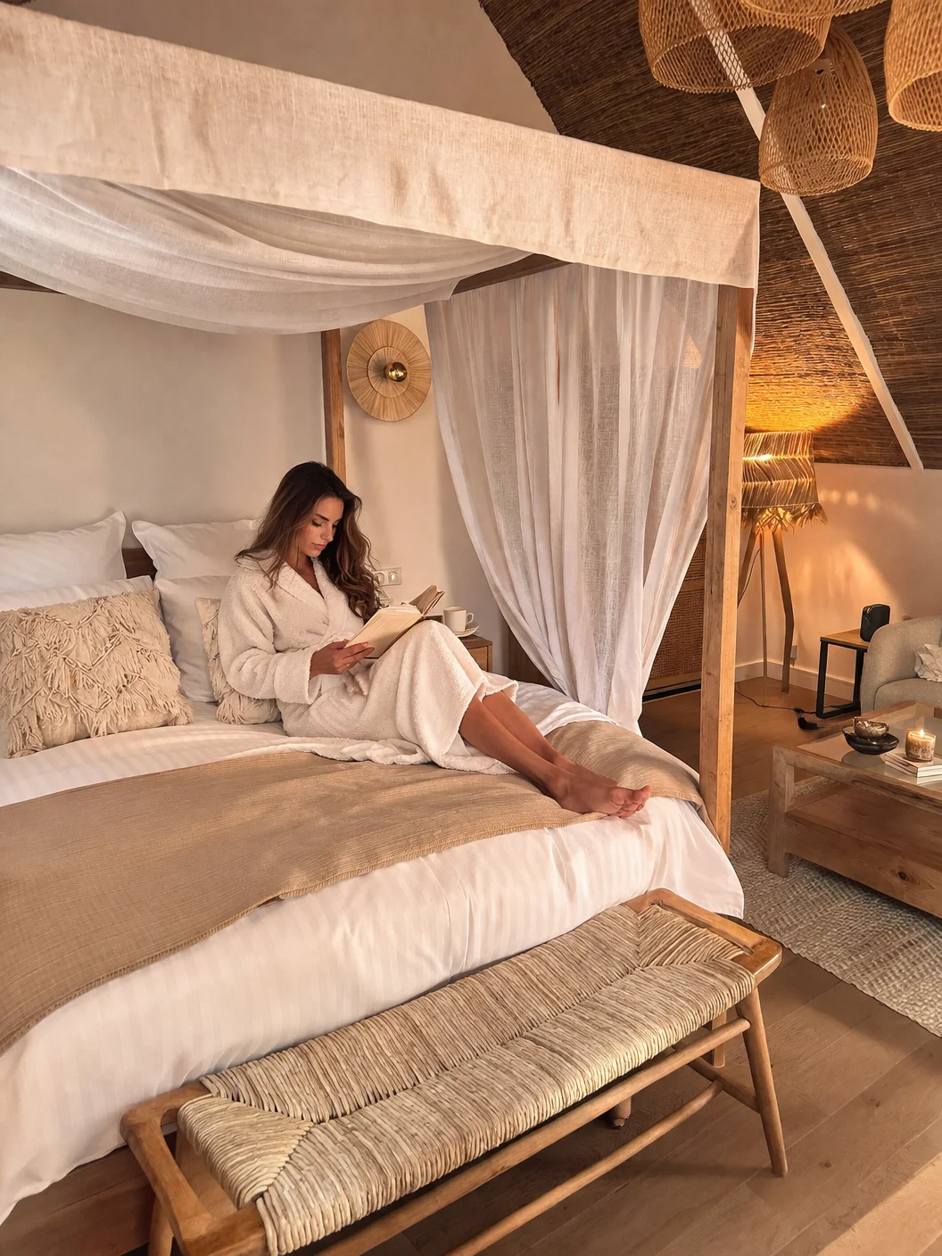 Le lit à baldaquin, les textiles et les luminaires de la chambre
